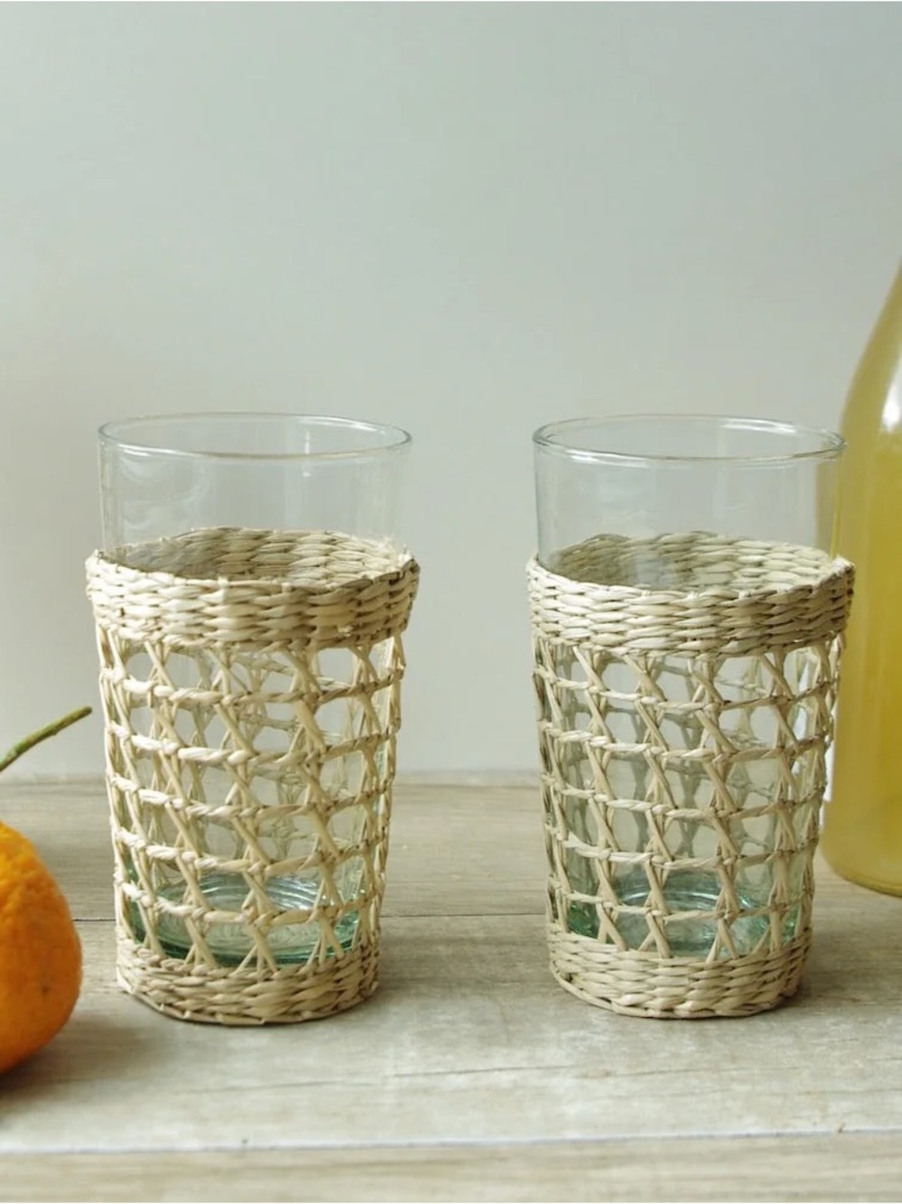 Pair of High Ball Natural Woven Rattan Tumblers